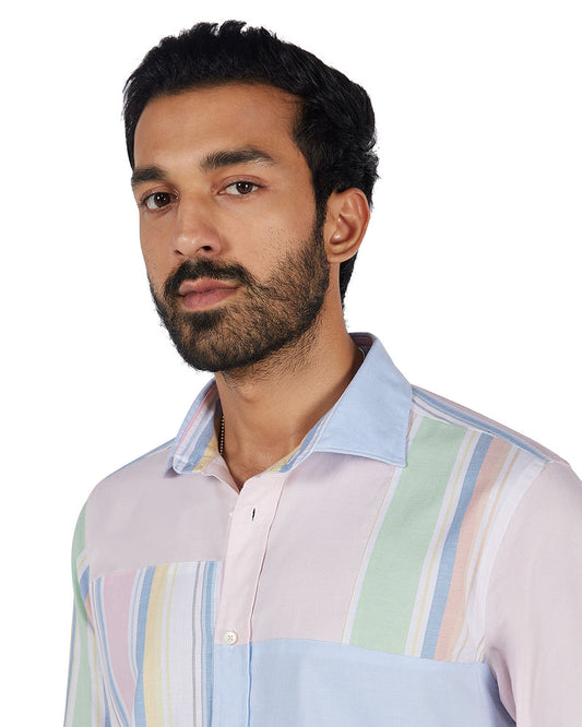 Blue Oxford Striped Patchwork Shirt