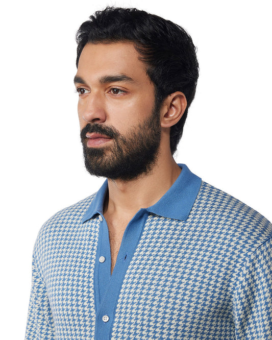 Blue Half-Sleeve Flat Knit Houndstooth Shirt